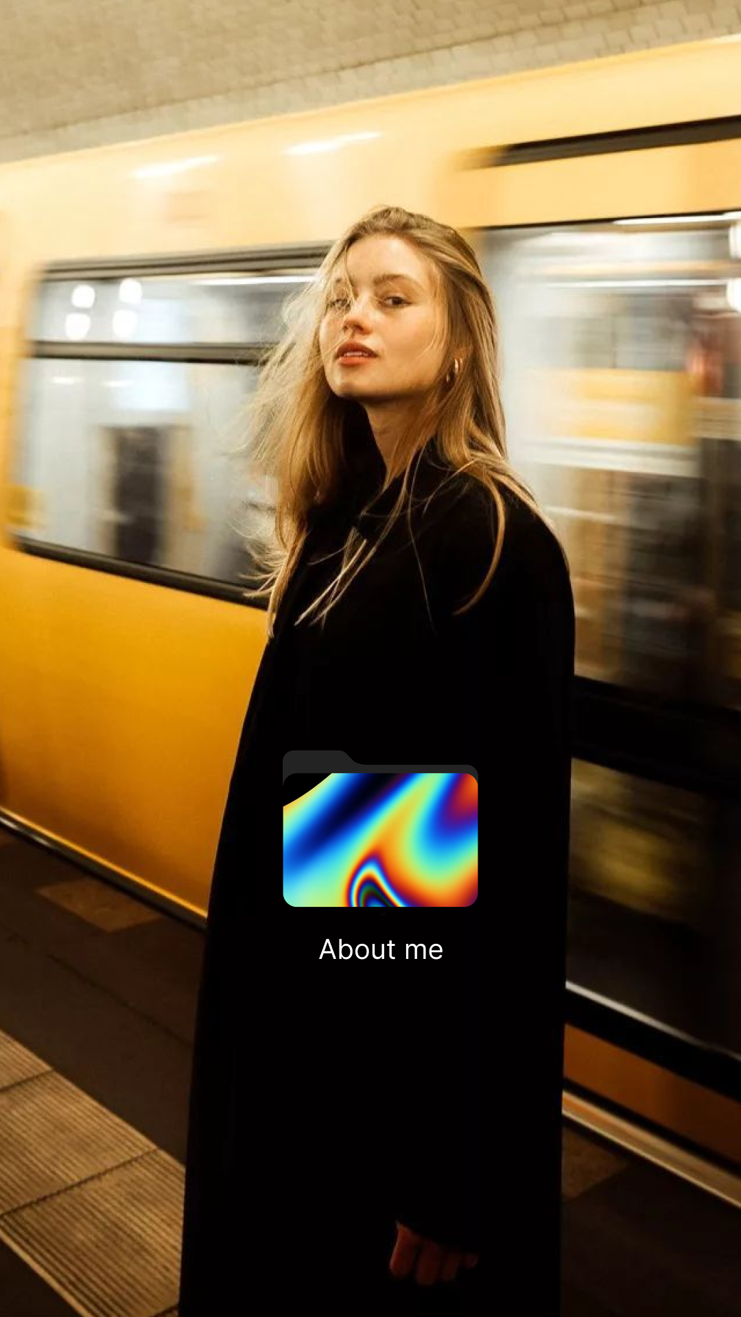 ArtBio demo — full-screen photo background with a holographic folder